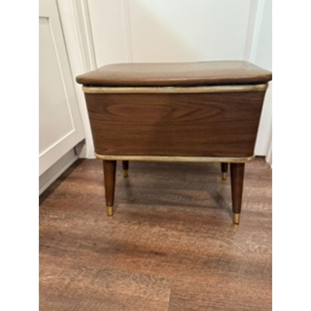 Mid-Century Style Brown Wood Storage Ottoman with Gold Accents